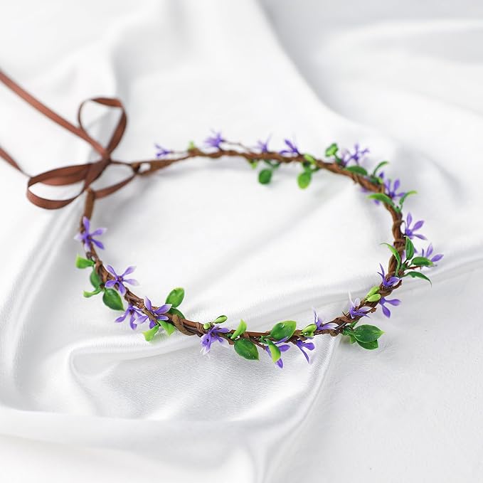 Handmade Purple Flower Crown Girls Headband Bridal Headpiece Flower Wreath for Women Hair Halo Floral Headdress for Weeding Party Festival Birthday