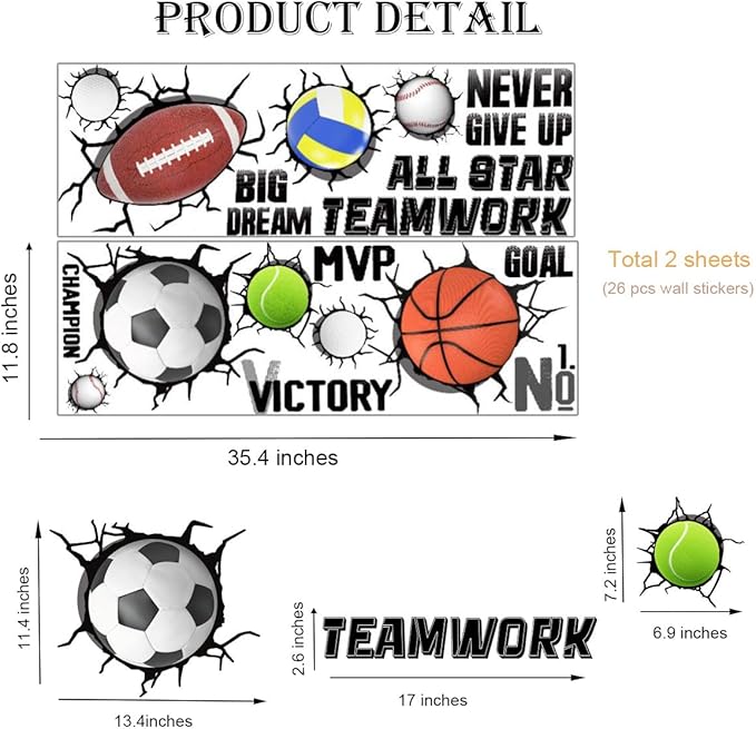 3D Sport Balls Wall Decals, Football, Volleyball, Rugby, Basketball, Tennis Vinyl Wall Stickers, Removable Sports Break Through The Wall Artwork for Boys Bedroom Playroom Decor