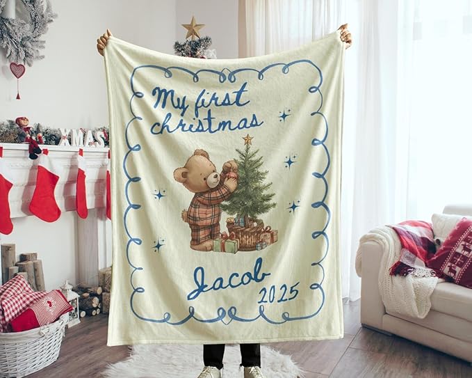 Personalized Baby's First Christmas Blanket, Custom Doodle Bear Boy Baby Name Christmas Blanket, Soft Fleece Or Sherpa Throw, Baby Shower, Made in USA