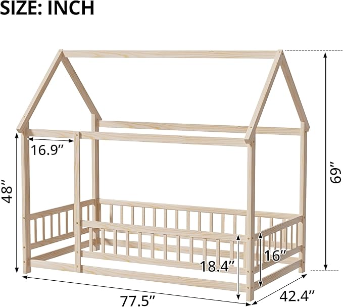 LLS Twin Montessori Bed Frame, Wooden House Bed with Fence and Roof, Floor Bed for Boys Girls Bedroom, Natural