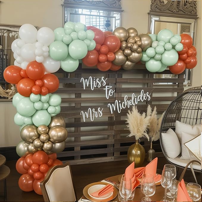 Fall Balloons Set, 12 Inch Thanksgiving Balloons, Retro Burnt Terracotta Rust Orange Dusty Sage Mint Green White Metallic Gold Latex Balloon for Thanksgiving Autumn Harvest Fall Birthday Decorations