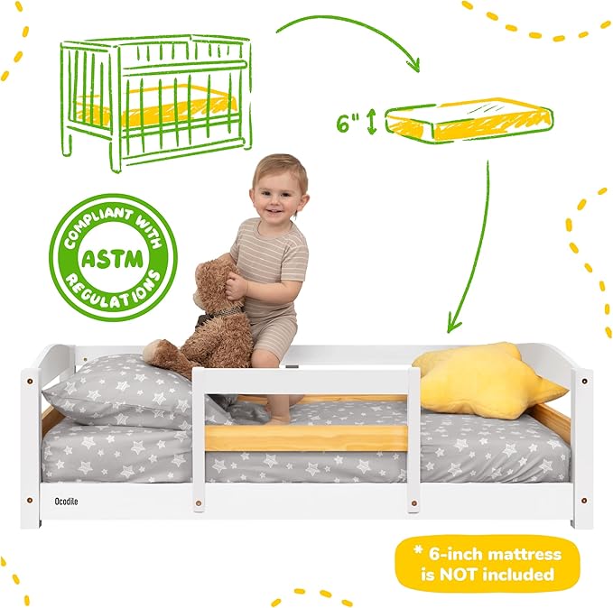 Ocodile Toddler Bed with Rails | Low Montessori Floor Bed Frame for Kids | Standard Crib Size Wooden Frame for Independent Toddlers 1-3 - White