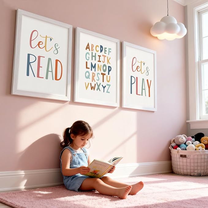 3 PCS Alphabet Framed Playroom Wall Decor,Classroom Must Haves Boho Educational ABC Poster Wooden Sign for Baby Girl Kid Boy Toddlers,Neutral Preschool English Letters Nursery Decor for Homeschool Kindergarten Kids Learning White