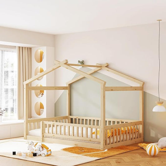 Merax Full Size Wooden House Bed with Fence, Wood Bed Frame with Roof and Safety Guardrail for Kids, Teens, Boys or Girls, Natural