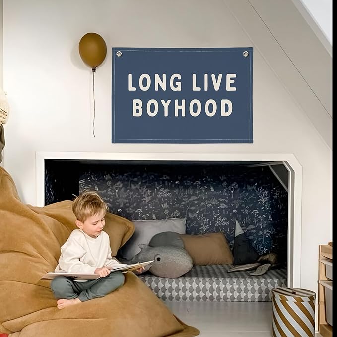 Long Live Boyhood Banner, Canvas Wall Hanging Banner Flag for Nursery Playroom, Toddler Boys Kids Room Decor (Navy Blue)