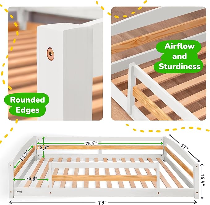 Ocodile Full Size Montessori Floor Bed for Kids - Strong Slatted Bed Frame with Full Rails - Ideal for Little Girls and Boys - White