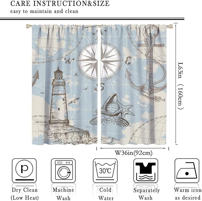 Nautical Theme Window Curtains,Pirate Sailboat Curtains for Bedroom,Conch Starfish Print Draperies for Living Room,Ocean Window Treatment Curtains Set 2 Panels,72x63 Inches