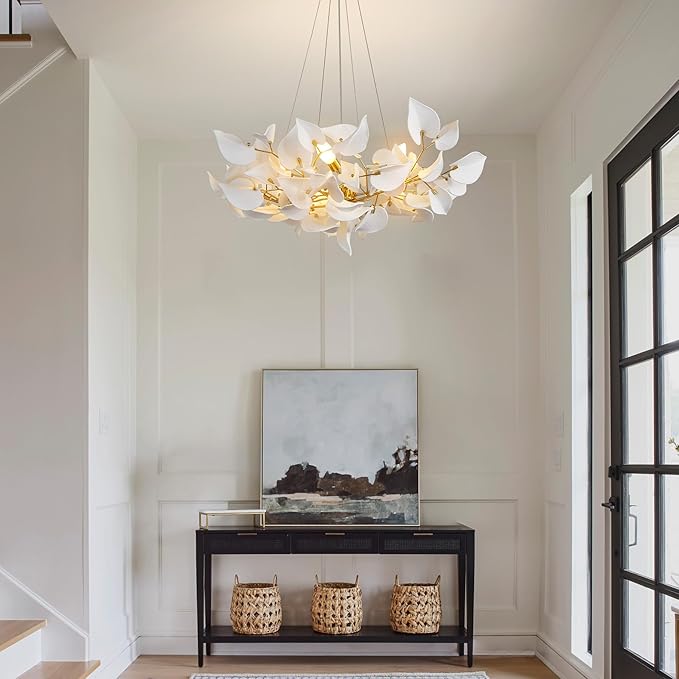 YUYI 31.5" Gold Tree Branches Chandelier, Ceramic Hearted Leaf Chandelier, Modern Round Chandeliers for Dining Room, Living Room Over Table, Kitchen, Foyer, Bedroom, Elegant Art Deco