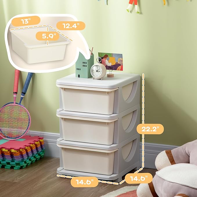 Qaba 3 Tier Kids Storage Unit, 3 Drawer Chest Toy Organizer Plastic Bins for Kids Bedroom Nursery Kindergarten Living Room for Boys Girls Toddlers, Cream White