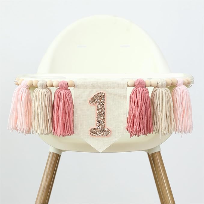 Handmade Boho Pink 1st Birthday High Chair Banner First Highchair Banner For Baby Girls Wall Hangings Wood Bead Tassel Garland 1 Birthday Party Decorations Cake Smash Photo Props
