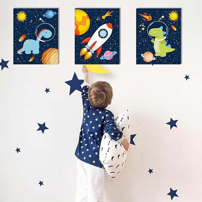 KAIRNE Outer Space Dinosaur Room Decor,Solar System Stars Wall Canvas Poster,Set Of 4 (12X16inch,framed) Planet Astronaut Art Print,Rocket Decor for Boys Room Toddler Kids Room Classroom Space Decor