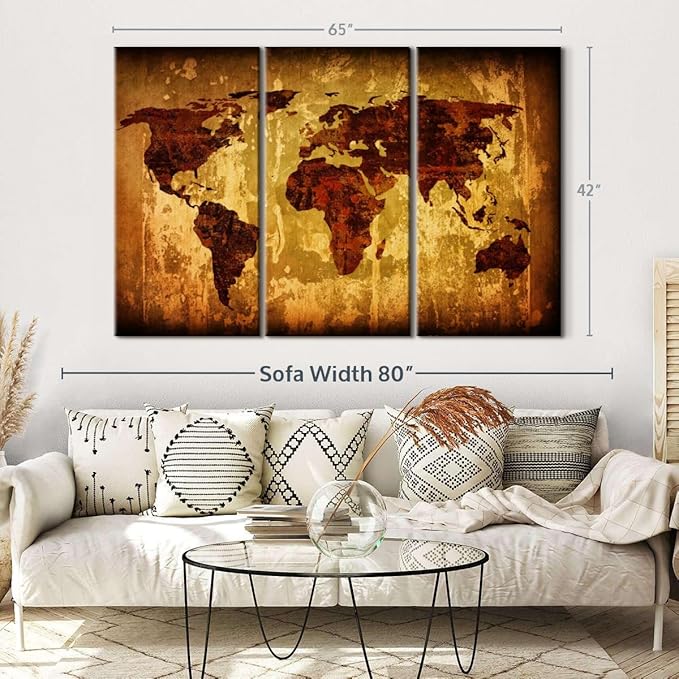 ElephantStock Vintage World Map Wall Art Multi Piece Canvas - 3 Piece Canvas World Map Wall Decor - Ready-to-Hang Print - Vintage Wall Art - 65" X 42"