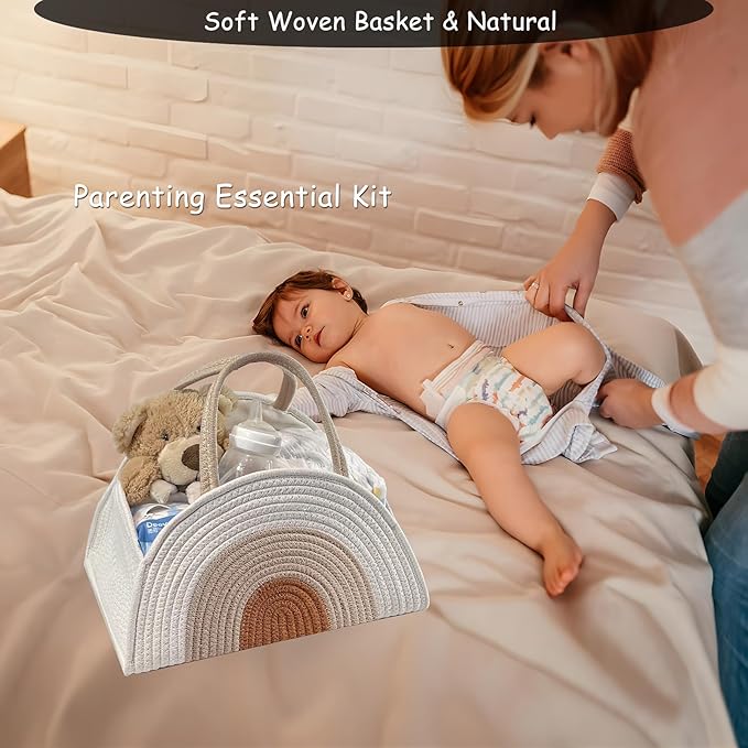 COMFY-HOMI Diaper Caddy Organizer with Gift Bags and Ribbons - Sturdy Cotton Rope Basket for Baby Girl & Boy Newborn Essentials, Large Baby Gift Bag, Nursery Storage Caddy with Handles (white Brown)