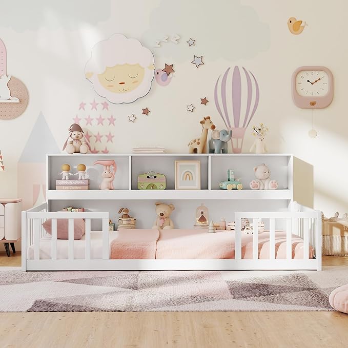 Giantex Twin Floor Bed for Kids, Wooden Montessori Bed Frame with Bookcase, Storage Shelves & Safety Fence Rails, Floor Beds Twin for Girls, Boys, No Box Spring Needed, Without Slats, White