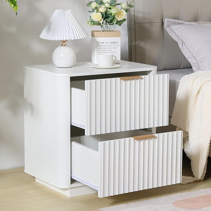 Fluted Nightstand Set of 2, Wood End Table with Charging Station, 23" Modern Night Stands with 2 Drawers, White Bedside Table for Bedroom