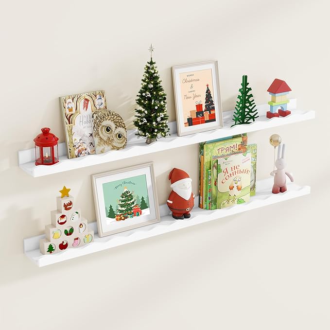 Fun Memories Picture Ledge Shelf for Wall, 48 inch Pine Wood Nursery Book Shelves Set of 2- Wall Book Shelves for Kids Room, Home Decor - Kitchen Spice-White
