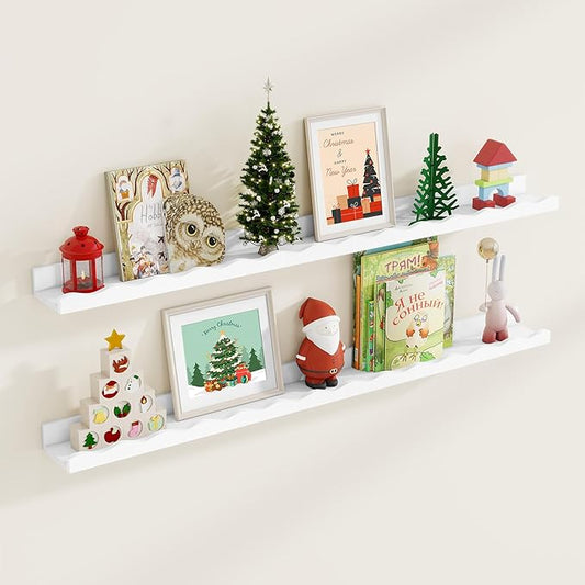Fun Memories Picture Ledge Shelf for Wall, 48 inch Pine Wood Nursery Book Shelves Set of 2- Wall Book Shelves for Kids Room, Home Decor - Kitchen Spice-White