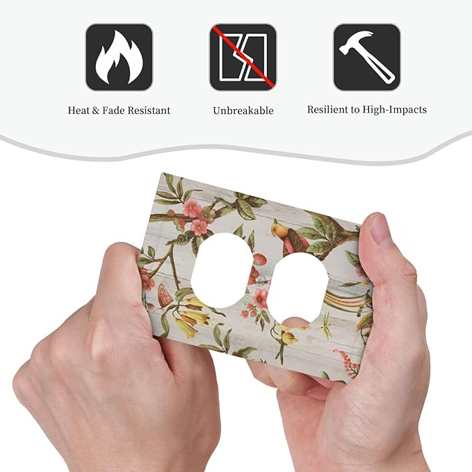 Flowers Bird Tree Retro Spring Floral Branch 1 Gang Duplex Outlet Covers Light Switch Cover Decorative Electrical Switchplate Oriental Chinese Landscape Drawn Faceplate for Bathroom Bedroom Home Decor