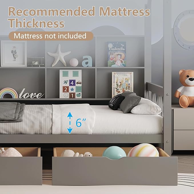 Twin House Bed with Roof and 2 Storage Drawers for Kids, Wooden Twin Size Bed Frame with Storage Shelves Guardrails and Wood Slats for Boys Girls, No Box Sping Required, Gray