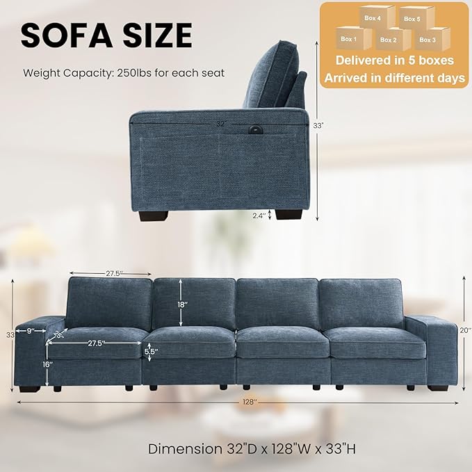 TEKAMON 128" Modular Sofa Couch with Seat Storage, Chenille Sofa, Modern Comfy 4-Seater Couch for Living Room, Office, Apart W/Deep Seat, Wide Armrest, USB Charging, Pockets, Removable Covers (Blue)