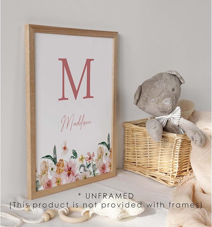 Personalized Name Flower Nursery Wall Art Prints, Crib & Nursery décor, Newborn Baby Girl Gift Present, Floral Baby Girl Room Pictures, Poster For Baby And Kids (1 Print, Flower 8)