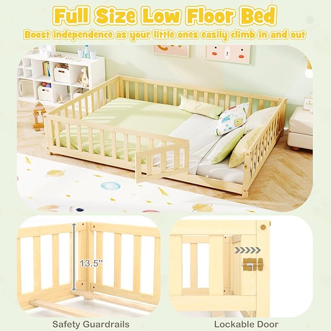 KOMFOTT Full Size Wood Floor Bed with Door & Fence, Montessori Bed Frame with Full Length Safety Guardrails, Slats Support, Door & Latch, Wooden Montessori Floor Bed, No Box Spring Needed