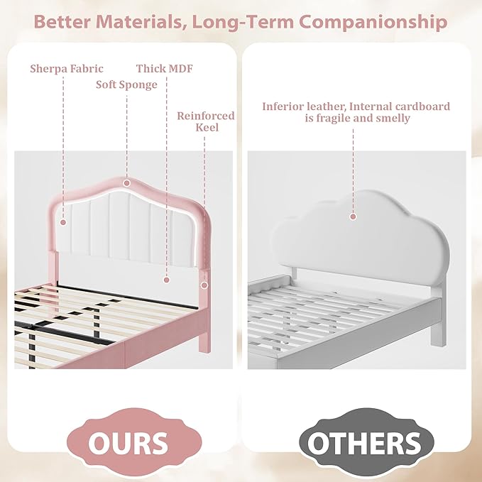 GarveeHome Upholstered Twin Bed Frame with Led Lights and Storage Drawer, Cute Velvet Led Bed Frame with Headboard for Kids, Girls, Boys, No Box Spring Needed, Wooden Slats, Noise Free, Pink
