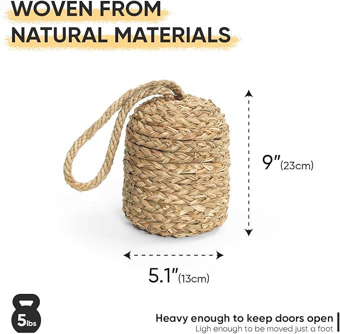 Decorative Door Stop With Handle - Natural Water Hyacinth Nautical Doorstop for Inside, Weight to Keep Open - Cute Stoppers for Bottom (Seagrass/Concrete), Beige