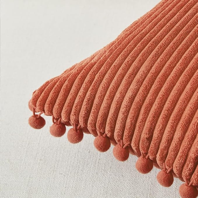 Fancy Homi Pack of 2 Burnt Orange Decorative Throw Pillow Covers 26x16 Inch with Pom-poms for Couch Bed Living Room, Soft Corduroy Solid Square Cushion Case 66x66 cm, Farmhouse Boho Home Decor