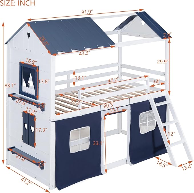 MERITLINE Twin Over Twin Princess Castle Bunk Bed with Tent,Ladders and Guardrail, Solid Wood Playhouse House Floor Bunk Bed with Windows and Roof (Blue & White)