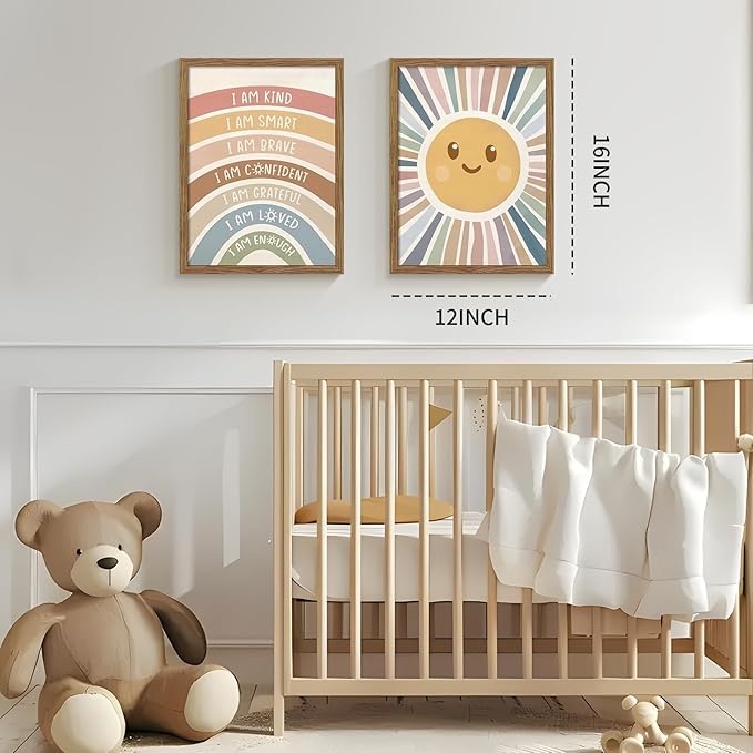 Dytila 2 Piece Framed Boho Rainbow Kids Room Wall Art, Positive Affirmations Playroom Wall Decor, Sun Smiley Face Nursery Painting Canvas Prints for Classroom Toddler Room Decor 12x16 Inch
