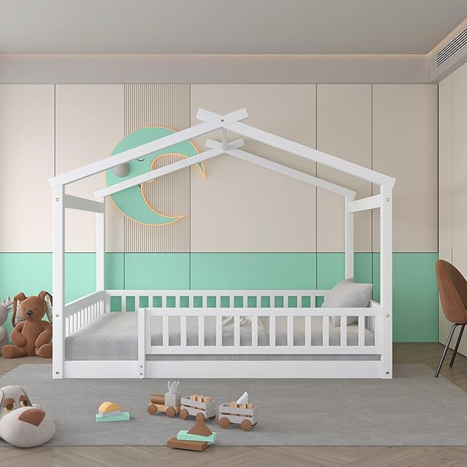Merax Full Size Wooden House Bed with Fence, Wood Bed Frame with Roof and Safety Guardrail for Kids, Teens, Boys or Girls, 57" L x 62.9" W x 79.5" H, White