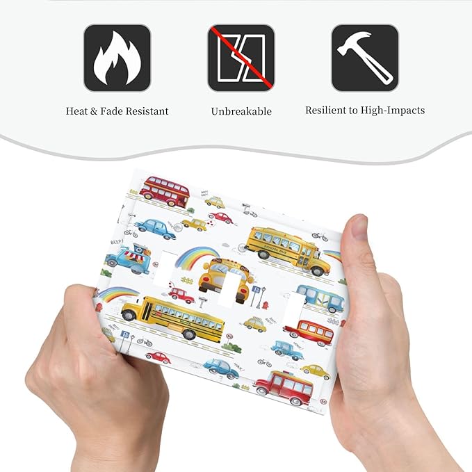 Kids Bus Taxi Truck 3 Gang Light Switch Covers Triple Toggle Wall Plate Decorative Switchplate Electrical Faceplate for Nursery Kidsroom Bedroom Decor