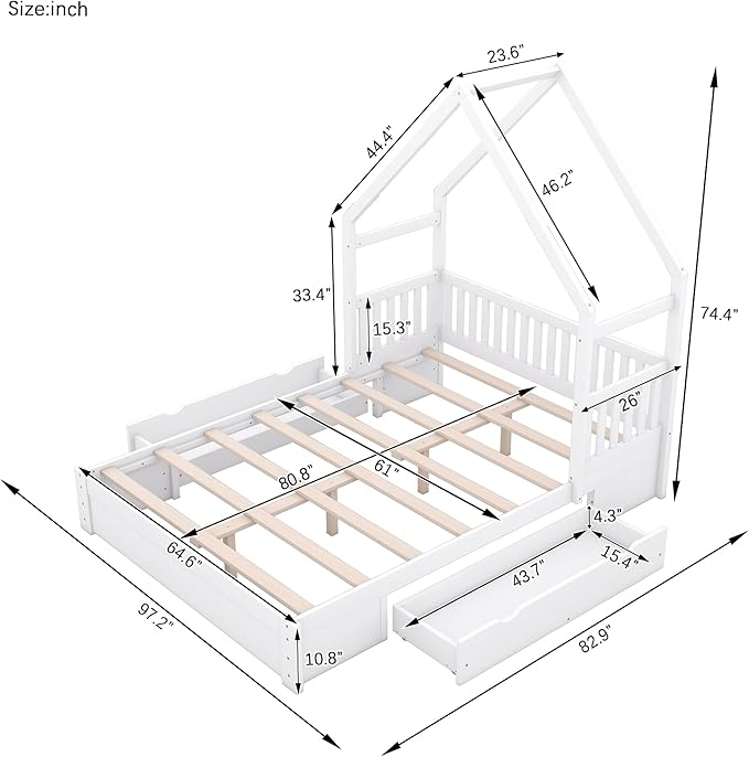 Merax Wood Queen Size House Platform Bed with Guardrail and 2 Drawers, Wooden Bedframe for Boys Girls Adult, No Spring Box Needed, White