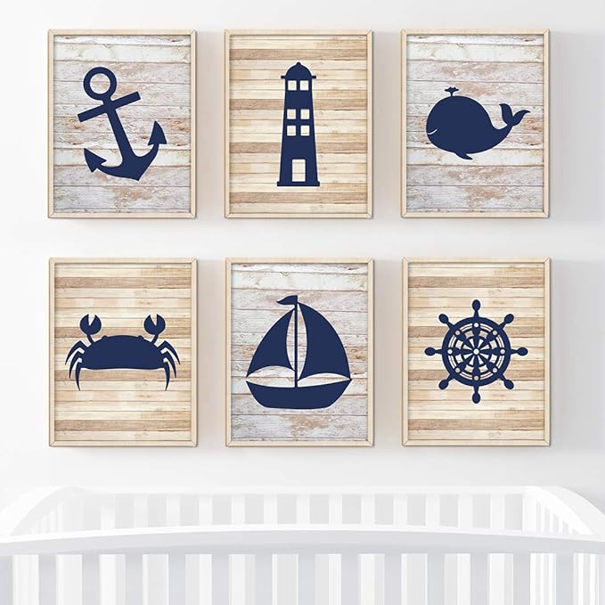 Andaz Press Ocean Nautical Sailor Theme Nursery Kids Bedroom Hanging Wall Art Decor, 8.5x11-inch, Rustic Distressed Wood, Anchor, Lighthouse, Whale, 6-Pack, Unframed Room Poster