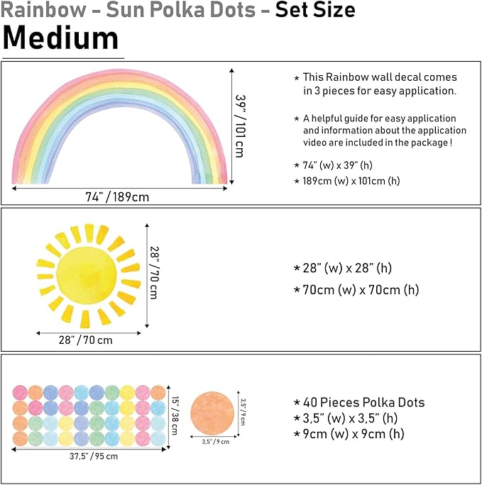 Watercolor Rainbow, Sun, Polka Dots Wall Decal for Kids Room, Nursery, Baby Room Decor, Polka Dots Mural, Rainbow Wallpaper (Rainbow-Sun-Polkadots, Medium)