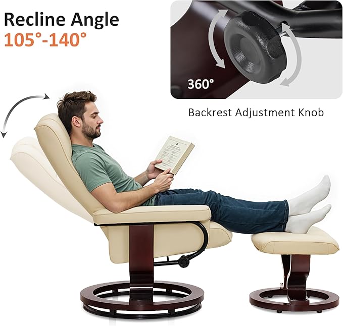 MCombo Manual Swivel Recliner with Ottoman, Chair Ottoman Set for RV Small Spaces, Living Room, Bedroom, Office 9019 4919 (Faux Leather, Cream White)