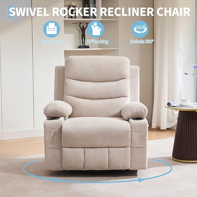 Recliner Chair Nursery, Oversized Manual Reclining Rocking Chair, 360 Swivel Glider with Cup Holder, Massage and Heat Recliner, Indoor Small Single Sofa Chairs for Adults, RV, Bedroom