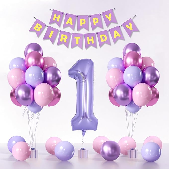 Purple Pink Metallic Balloons & Banner - 40 Inch 1 Balloon, Perfect for Girls' 1st Birthday or Baby Shower Decor