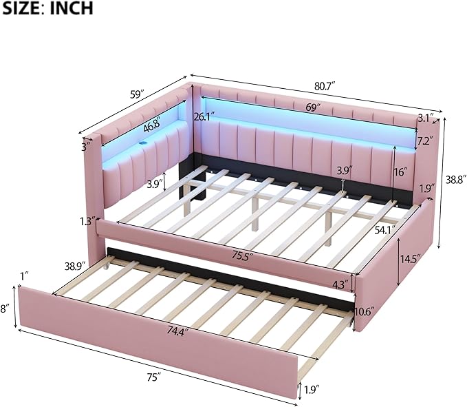Full Size Soft Daybed with Trundle, Storage Shelves and LED Belt, Linen Upholstered Corner Bed with L-Shaped Bookshelf Headboard and USB Charger for Kids Boys Girls, Pink