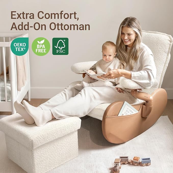 MAMAZING Nursery Rocking Chair Glider with Adjustable Armrests for Breastfeeding, Upholstered Nursing Chair with Removable Cover for Mom and Baby(Brown/Beige)