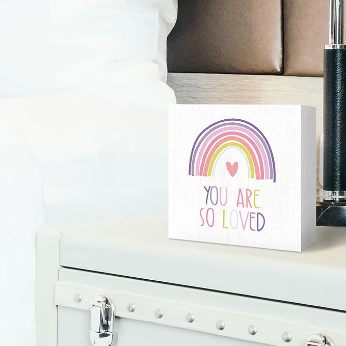 Boho Rainbow Kids Nursery Wood Box Sign - Inspirational Desk Shelf Decor, You Are So Loved Colorful Rainbow Wooden Block Plaque Box Sign for Home Kids Room Nursery Playroom Decorations