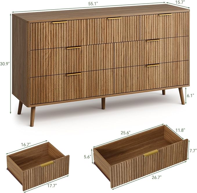 LYNSOM 55" Wide Fluted Dresser for Bedroom with 6 Drawer, Modern Chest of Drawers with Curved Profile Design and Metal Handles, Wood Dresser TV Stand & Storage Organizer for Living Room, Walnut