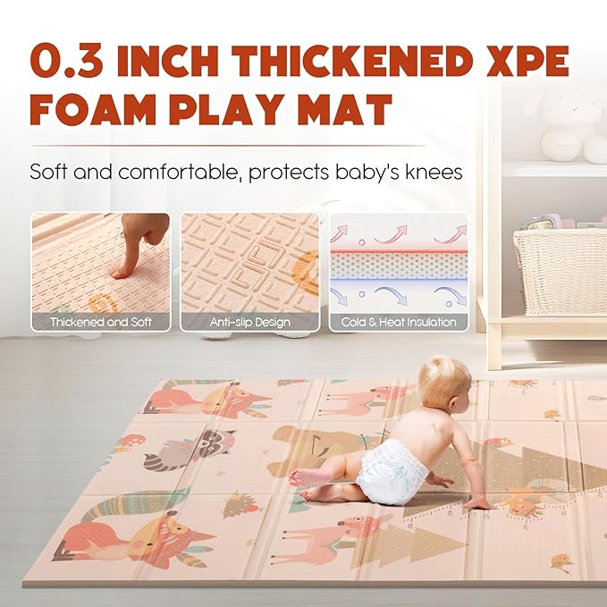 Mergren Baby Play Mat, Large(71"×47") XPE Waterproof Foam Foldable Baby Crawling Mat with Reversible Animal Friends Double-Sided Patterns, Anti-Slip Floor Playing Mats