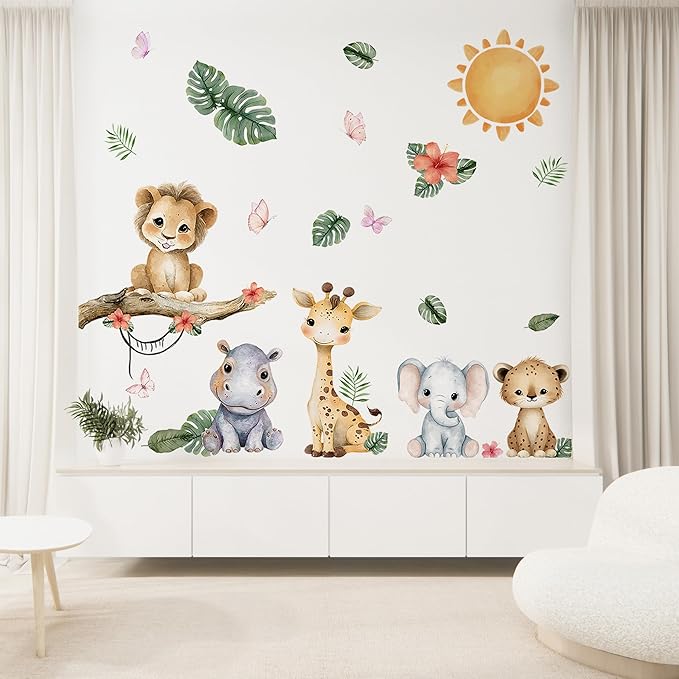 Animal Wall Decals,Animals Giraffe Lion Theme Art Wall Sticker Decors,Peel and Stick Elephants Giraffe Lion Decals for Kids Bedroom Nursery Playroom Library Living Room and Bedroom Decor
