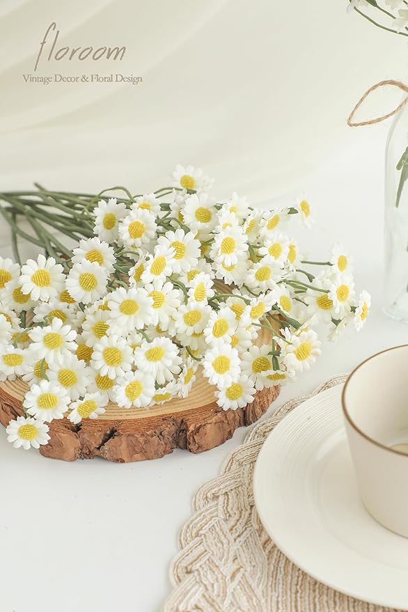 Floroom 24pcs Ivory Small Artificial Flowers Faux Silk Daisies Fake Wildflowers with Stems for DIY White Wedding Bouquets Floral Arrangements Party Decor Centerpieces Decorations (Vase Not Included)