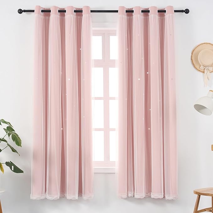 Light Pink Curtains Blackout for Girls Bedroom - Aesthetic Star Cutout Double Layer with White Sheer Overlay, 63 Inch Length 1 Panel Cute Curtain Baby Nursery Toddler Room Decor Drapes
