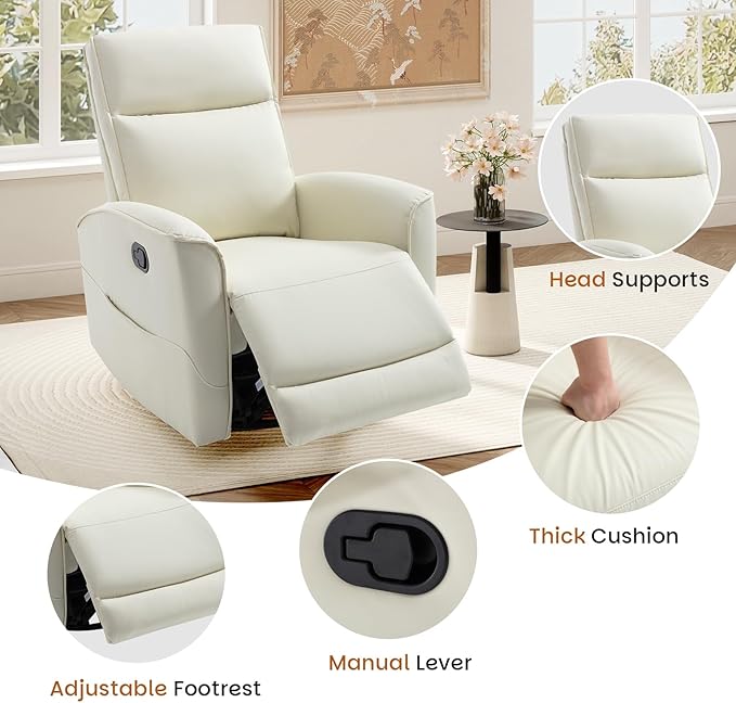 CANMOV Rocker Recliner Chair,360°Swivel Nursery Glider Recliner,Manual Recliner Sofa with Padded Armrest and Backrest,Leather Recliner for Small Spaces,Living Room,Bedroom (White)