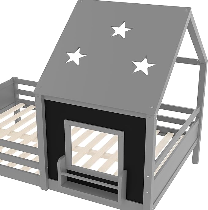 Bellemave Full House Bed with Rails or guardrails and Bookcase, Wooden Full House Shape Platform Bed for Boys, Girls, Teens, Gray