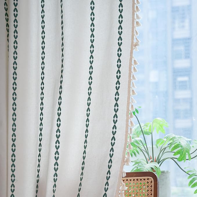 Deeprove Emerald Green Boho Curtains 84 inches Long for Bedroom, Vintage Bohemian Embroidery Farmhouse Cotton Striped Linen Country Tassel Window Treatments Christmas Decor, W52 x L84, 1 Panel